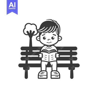 Aset desain premium: Boy Sitting on a Bench Reading a Book with a Tree in the Background