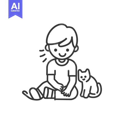 Premium design asset: Boy Sitting with a Cat and a Bandaged Leg
