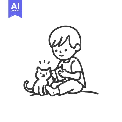 Aset premium populer: Boy Sitting with a Cat and a Book