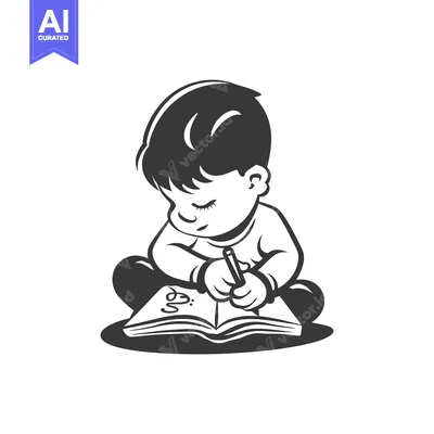 Aset desain premium: Boy Sitting with Book and Pencil, Writing in Notebook