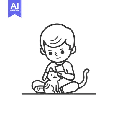Premium design asset: Boy Sitting with Cat and Petting It