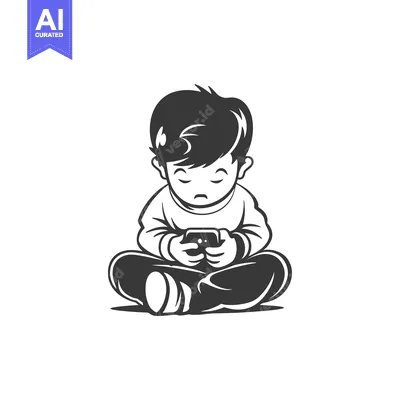 Premium design asset: Boy Sitting with Smartphone and Focused Expression