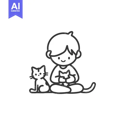 Aset premium populer: Boy sitting with two cats in his lap and beside him