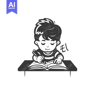 Premium design asset: Boy Studying at a Desk with a Book and Pen