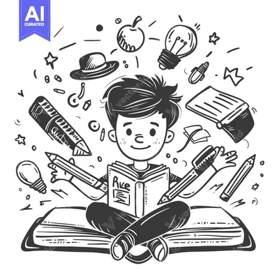 Aset desain premium: Boy Surrounded by School Supplies Reading a Book