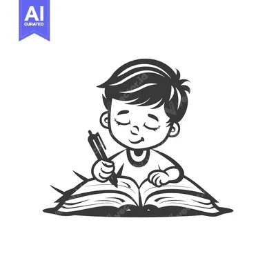 Aset desain premium: Boy with Closed Eyes Writing in a Book