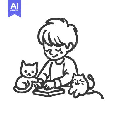 Popular premium asset: Boy with two cats sitting and playing with a book