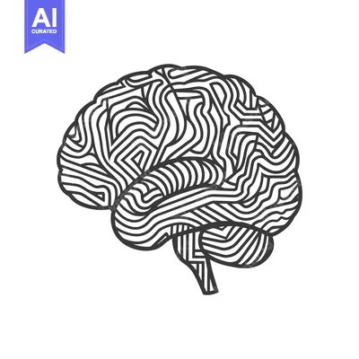 Premium design asset: A stylized linear black and white illustration of a human brain