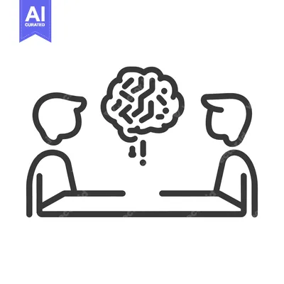 Aset premium populer: Two people are discussing an idea represented by a brain icon