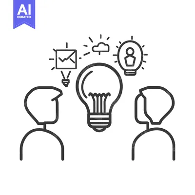 Aset desain premium: Two people discussing ideas with lightbulbs and visual representations