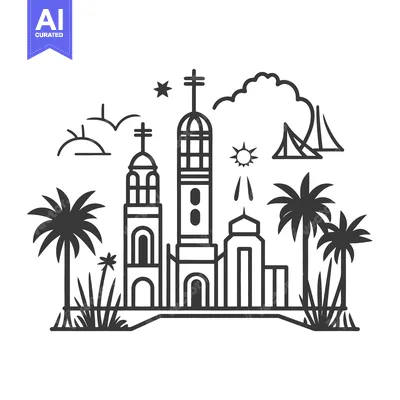 Premium design asset: Black and white outline of coastal city with palm trees and towers