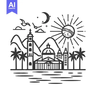 Aset premium populer: A scenic black and white illustration of a coastal city landscape
