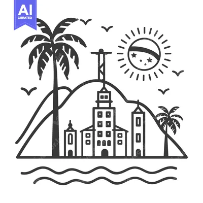 Premium design asset: A black and white illustration of a coastal city landscape
