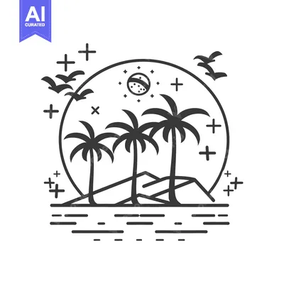 Premium design asset: A simplistic black and white image featuring palm trees on an island
