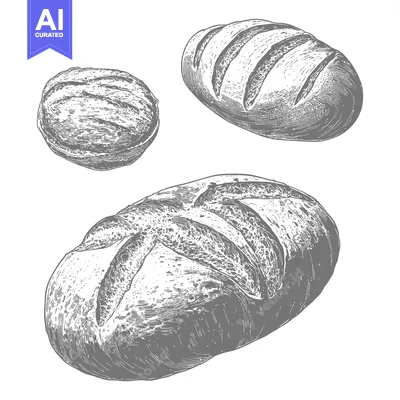 Aset premium populer: Three loaves of freshly baked bread are shown in a grayscale illustrat
