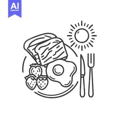 Premium design asset: Sunny Breakfast Plate: Toast, Egg, Strawberries, and Cutlery Line Art