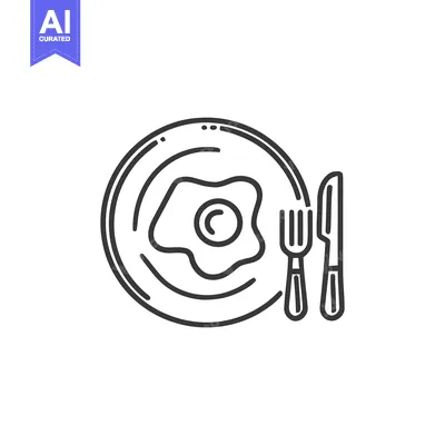 Aset desain premium: Sunny-Side Up Egg on Plate with Cutlery, Minimalist Line Art