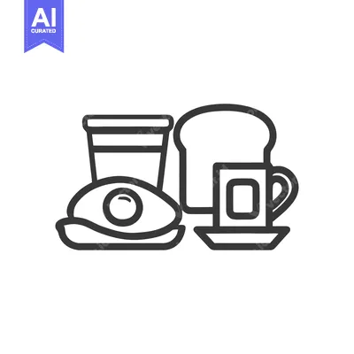 Aset premium populer: Minimalist Breakfast Icon: Egg, Toast, Coffee, and Yogurt Outline