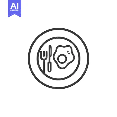 Aset premium populer: Minimalist Breakfast Icon: Fried Egg, Fork, and Knife on Plate Outline