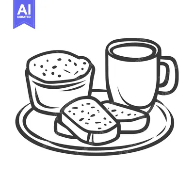 Popular premium asset: Simple line drawing illustration depicts breakfast of toast and bevera