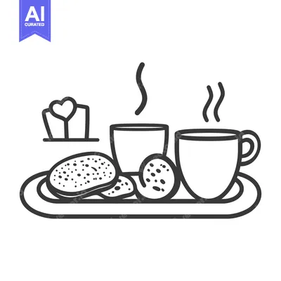 Aset premium populer: A black and white illustration of breakfast on a tray