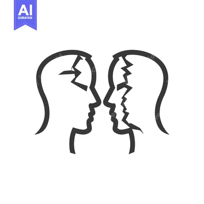 Aset premium populer: Two human head silhouettes facing each other with cracks shown
