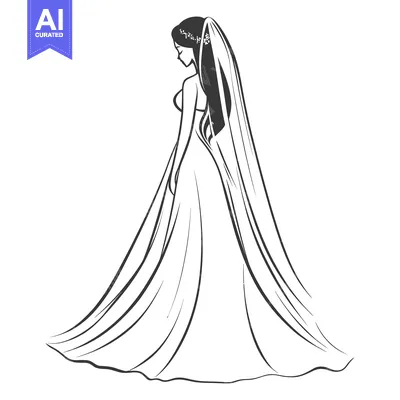 Aset desain premium: A sketch drawing depicting a bride wearing a wedding gown and veil