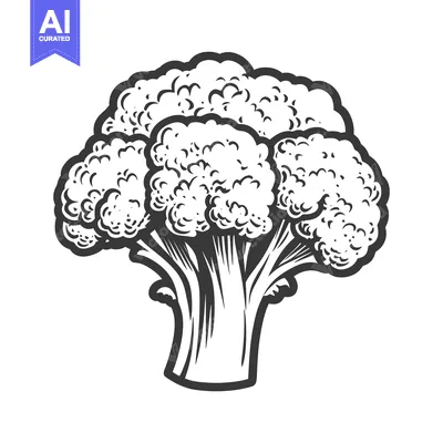 Aset premium populer: A detailed monochrome drawing of a healthy broccoli plant