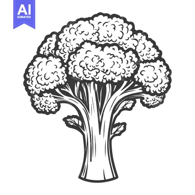 Aset premium populer: Detailed monochrome illustration showing a detailed broccoli plant