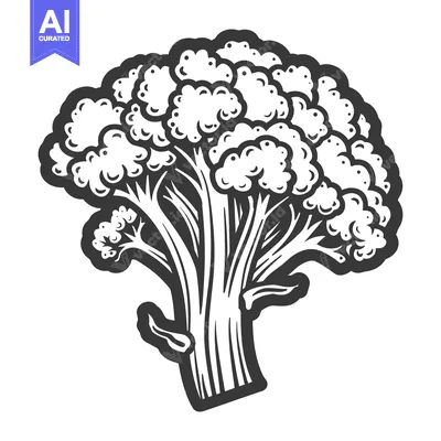 Aset premium populer: A detailed black and white illustration depicting a healthy broccoli p