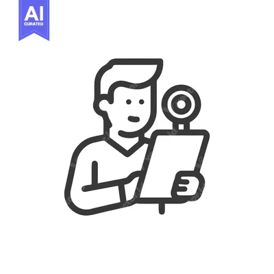 Aset premium populer: Reporter with Microphone and Clipboard Icon, Journalism Concept, Black