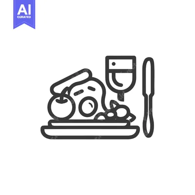 Aset desain premium: Breakfast Icon: Eggs, Sausage, Wine, and Knife on Plate, Minimalist Li
