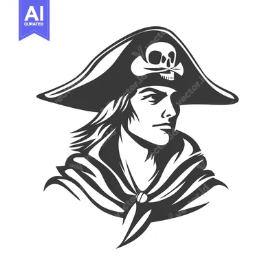 A stylized black and white portrait of a pirate figure