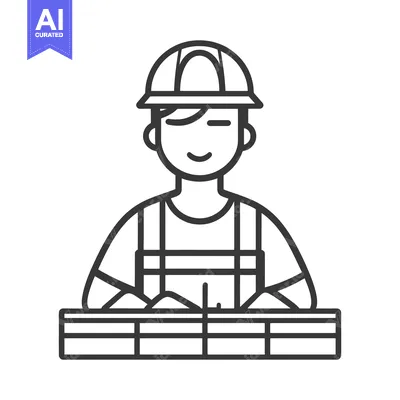 Aset desain premium: A smiling worker wearing a hard hat building a brick wall