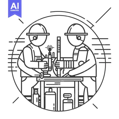 Premium design asset: Two workers are operating machinery on a workbench together