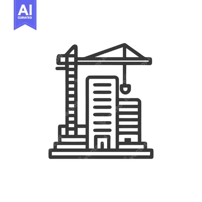 Aset premium populer: Construction Site Icon: Crane and Buildings in Simple Line Art