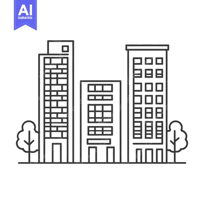 Aset desain premium: Black and white line drawing of city buildings and trees