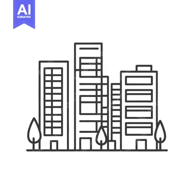 Aset desain premium: Several illustrated modern buildings with some trees in front