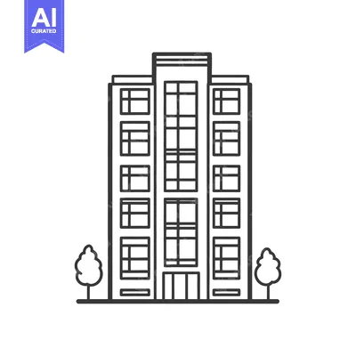 Aset premium populer: A tall modern urban building with windows and two small trees