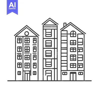 Aset desain premium: Three stylized apartment buildings are standing in a simple line