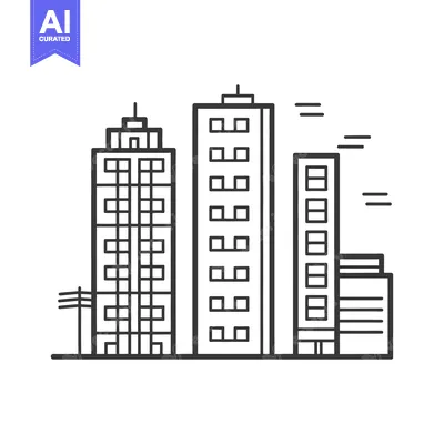 Premium design asset: Three distinct skyscrapers and a smaller building in a cityscape scene