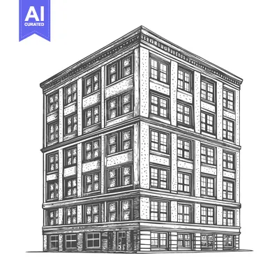 Aset premium populer: A detailed illustration of a vintage multistory building