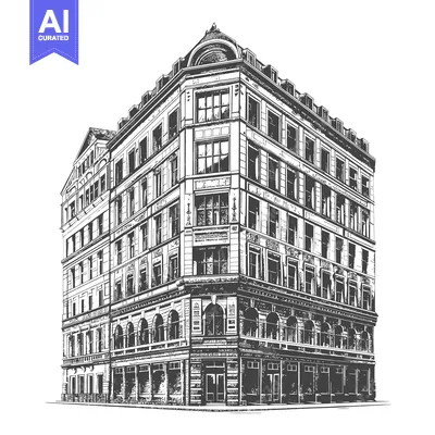 Aset desain premium: A Detailed Drawing of a Grand Victorian Era Building