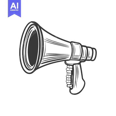 Aset desain premium: A monochrome graphic representation of a retro hand held megaphone