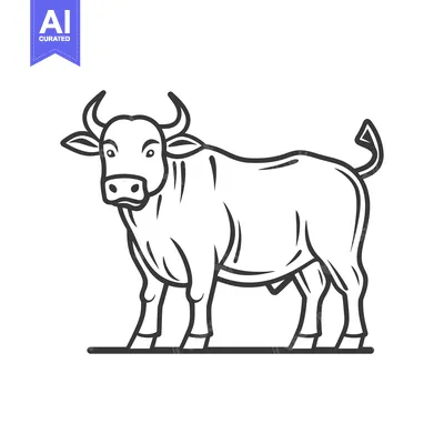 Aset desain premium: A black and white illustration depicts a standing bull animal