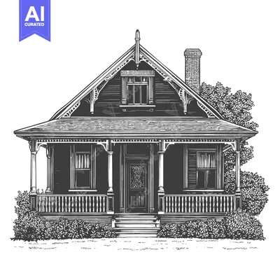 Aset desain premium: A charming vintage wood house with a porch and shrubs