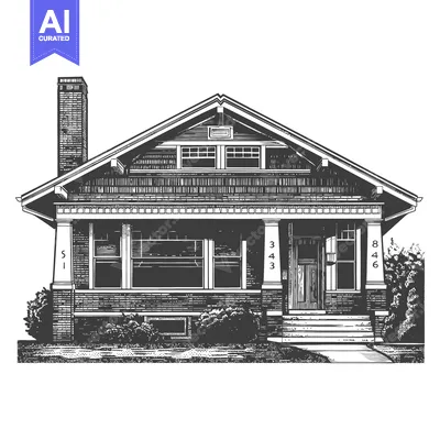 Aset desain premium: Bungalow Building Vector Engraving Style 430