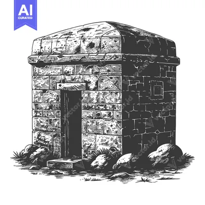 Aset desain premium: Ancient Stone Structure Near Rocks And Grass