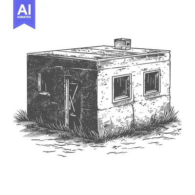 A weathered small concrete building stands alone in grass