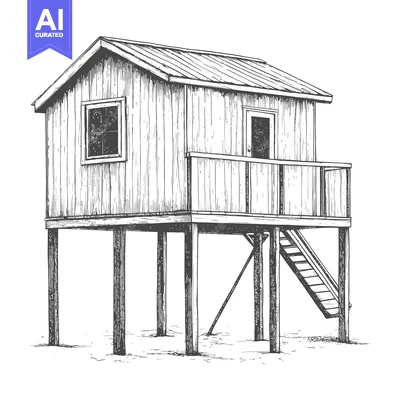 Aset premium populer: Elevated Wooden Beach House with Deck and Stairs